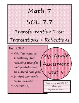 Preview of Math 7 Virginia VA SOL 7.7 Transformations: Translations/Reflections Unit Test