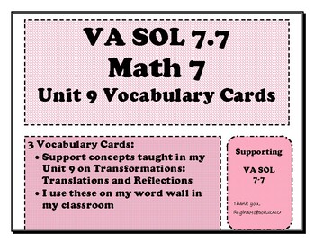 Preview of Math 7 Virginia VA SOL 7.7 Vocabulary Cards for Unit 9 on Tranformations