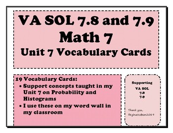 Preview of Math 7 Virginia VA SOL 7.8, 7.9 Vocab Cards for Unit 7 on Probability Histograms
