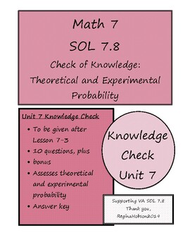 Preview of Math 7 Virginia VA SOL 7.8 "Knowledge Check" of Probability
