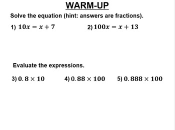 Preview of Math 8 19.4 Repeating Decimals to Fractions