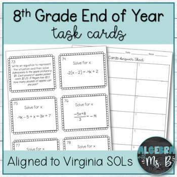 Preview of Math 8 Pre-Algebra SOL Review Task Cards