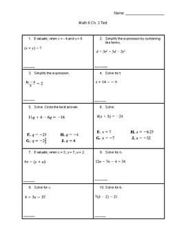 Math 8 Pre Algebra Test Expressions and Equations by Grades 7-9 Math ...