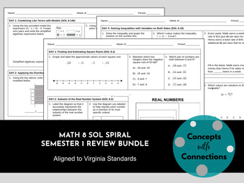 Preview of Math 8 SOL Spiral Review Bundle for Semester 1 - Aligned to Virginia Standards