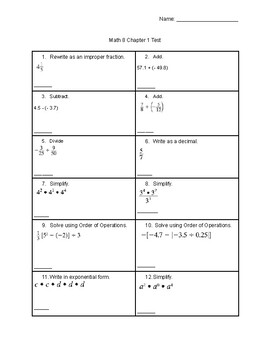 Math 8 Topic 1 Test- Foundations. Pre Algebra Basic Skills | TPT