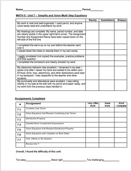 Preview of Math 8 Unit 7 Student Self-Evaluation Simplify and Solve Multi-Step Equations