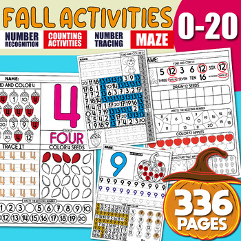 Preview of Math Activities, Number Recognition 0-20, Tracing, Writing, Pumpkin, Fall, mazes