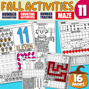 Preview of Math Activities, Number Recognition 11, Tracing, Writing Practice, Pumpkin, Fall