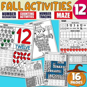 Preview of Math Activities, Number Recognition 12, Tracing, Writing Practice, Pumpkin, Fall
