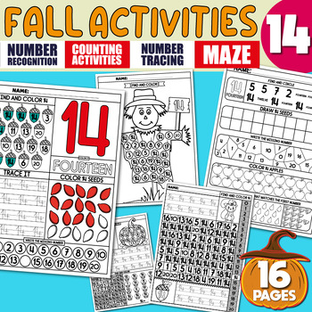 Preview of Math Activities, Number Recognition 14, Tracing, Writing Practice, Pumpkin, Fall