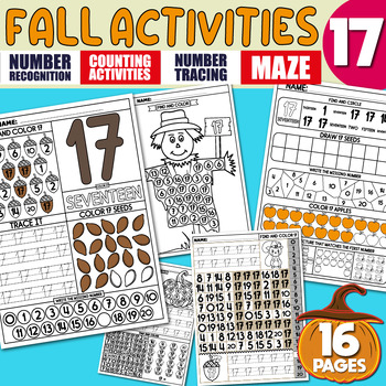 Preview of Math Activities, Number Recognition 17, Tracing, Writing Practice, Pumpkin, Fall