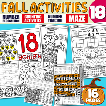 Preview of Math Activities, Number Recognition 18, Tracing, Writing Practice, Pumpkin, Fall