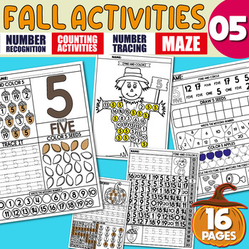 Preview of Math Activities, Number Recognition 5, Tracing, Writing Practice, Pumpkin | Fall