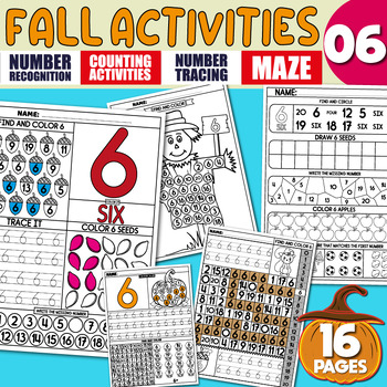 Preview of Math Activities, Number Recognition 6, Tracing, Writing Practice, Pumpkin | Fall