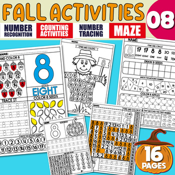 Preview of Math Activities, Number Recognition 8, Tracing, Writing Practice, Pumpkin | Fall