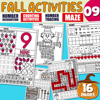 Preview of Math Activities, Number Recognition 9, Tracing, Writing Practice, Pumpkin | Fall