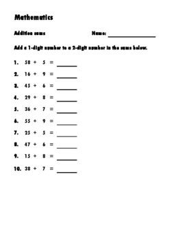 Preview of Math- Add 1 digit to 2 digits BBTA1P2E3 - 10 sums 