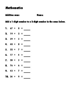 Preview of Math - Add a 1-digit number to a 2-digit number BBTA1P2E1 - 10 sums