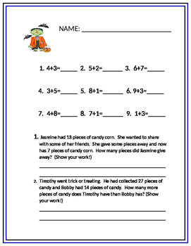 Preview of Math Addition Halloween Worksheet