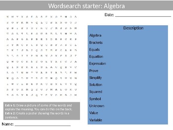 Preview of Math Algebra Wordsearch Crossword Anagram Alphabet Keyword Starter Cover