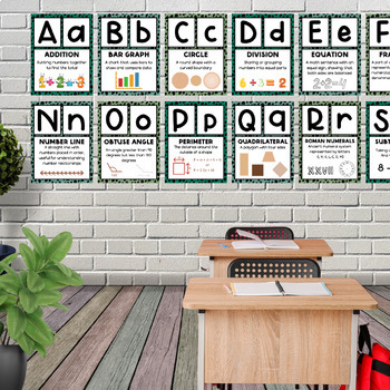 Math Alphabet Classroom Posters - Boho Green Dalmatian | with