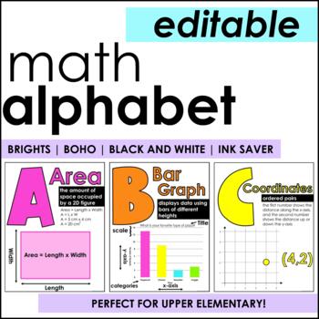 Preview of Math Alphabet Posters| Bulletin Board| EDITABLE| Brights | Boho | B&W