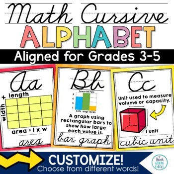Preview of Math Alphabet Posters Cursive Vocabulary Math Classroom Decor Ideas