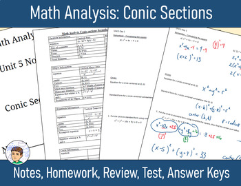 Preview of Math Analysis Unit 5: Conic Sections - Notes, Homework, Review with Answers