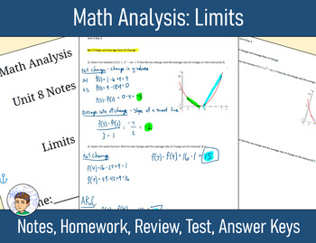 Preview of Math Analysis Unit 8: Limits - Notes, Homework, Review with Answers