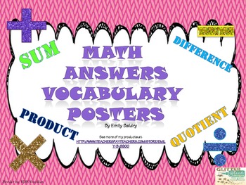 Math Answers Vocab Posters - Sum, Difference, Product, Quotient by