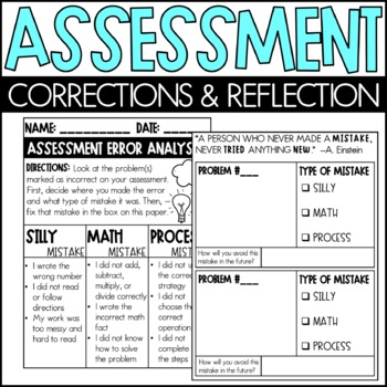 Preview of Math Assessment Corrections and Reflections | Error Analysis | Growth Mindset