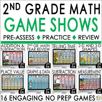 Preview of 2nd Grade Math Review Game Shows No Prep End of the Year Assessment Bundle