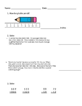 Preview of Math Assessment-Measurement, Money, Addition
