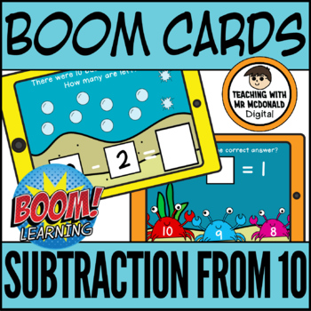 Preview of Kindergarten Math BOOM CARDS | Ocean Subtraction from 10 (Number Bonds)