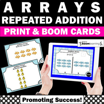 Preview of Math BOOM Cards Arrays and Repeated Addition 2nd Grade Math Centers Task Cards