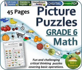 Preview of Math Puzzles - Pictures with Algebraic Thinking 6th Grade - Print and Digital