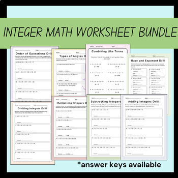 Preview of Integers Math Worksheets Bundle for 7th Grade