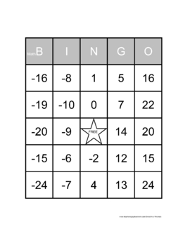 Preview of Math Bingo:  Adding Integers