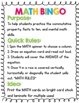 Math Bingo: Addition Facts 1-10 By Mrs Hedges | Teachers Pay Teachers