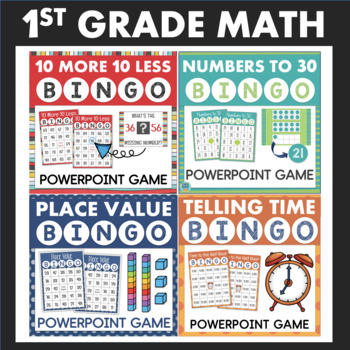Preview of 1st Grade Math Bingo Games BUNDLE Telling Time Place Value Addition
