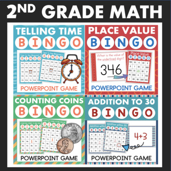 Preview of 2nd Grade Math Bingo Games Telling Time Counting Coins Addition Place Value