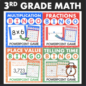 3rd Grade Math Bingo Games BUNDLE Multiplication Fractions Place Value Time