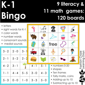 Preview of K-1 Math & Phonics Bingo 120 Boards: Letters, Numbers, HFW, Shapes, Coins & more