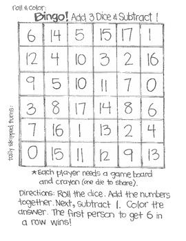 Math Bingo: Subtraction (Using 6 Sided Dice) By Jen Erickson | Tpt