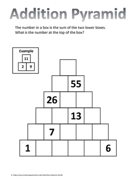 Math Brain Teaser: Addition Pyramid by My Geometry World | TpT