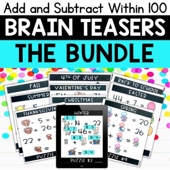 Preview of Math Logic Puzzles 2nd Grade Brain Teasers Add and Subtract to 100 Bundle