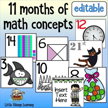 Preview of A Year of Math Calendar Tiles for K to 2nd grade + editable holiday tiles
