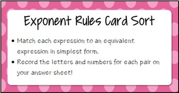 Preview of Exponent Rules Card Sort - Math Centers