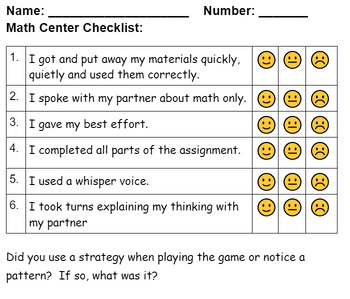 Math Center Checklist Self Assessment by Mrs Day saves the day | TPT