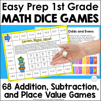 Preview of Math Dice Games - No Prep First Grade Addition Subtraction Place Value Review